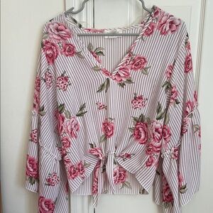lavender field Pink Floral Stripe Tie-Front Blouse